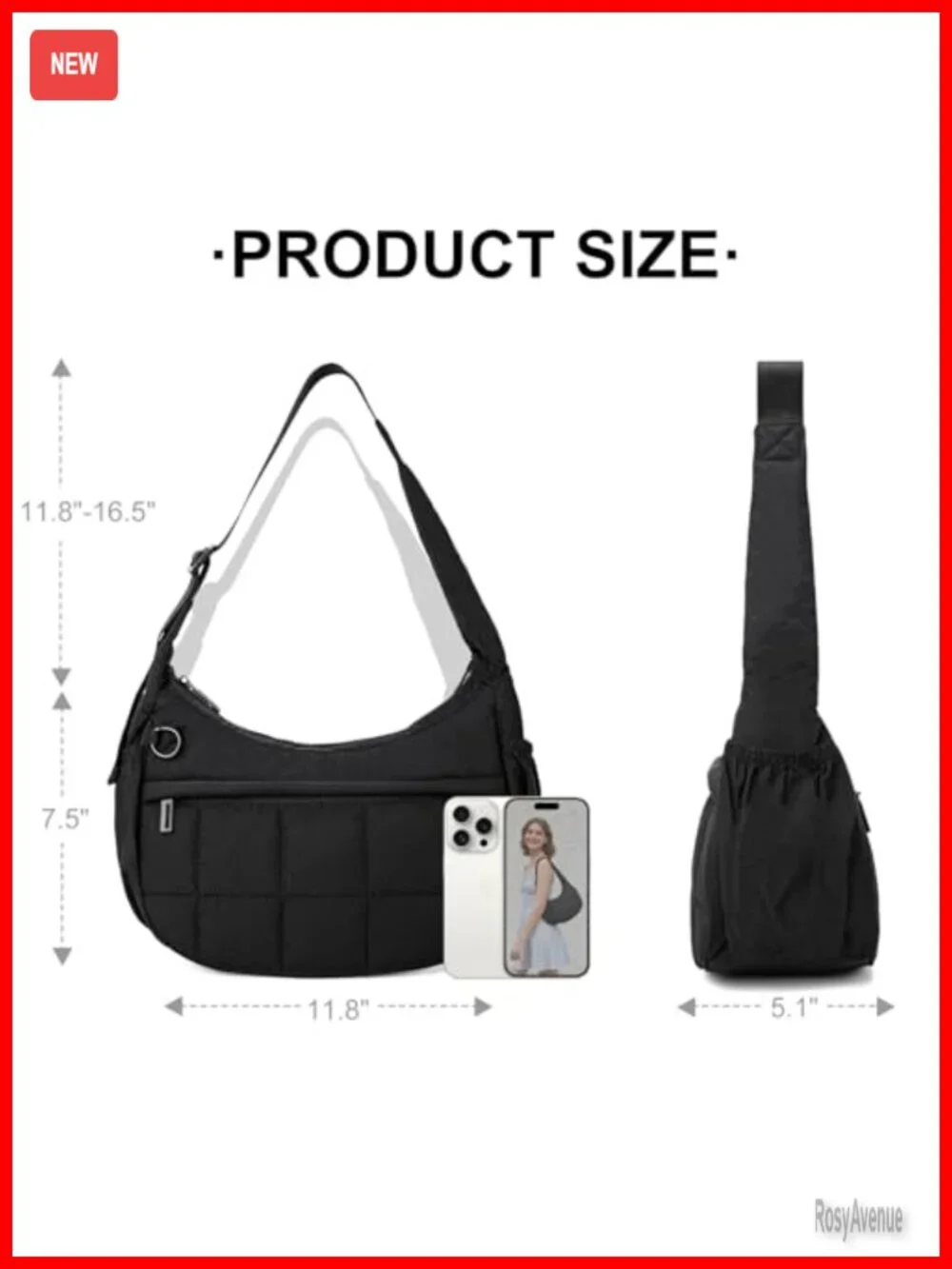 Small Puffer Crescent Hobo Bag with Adjustable Strap Quilted Waterproof Nylon